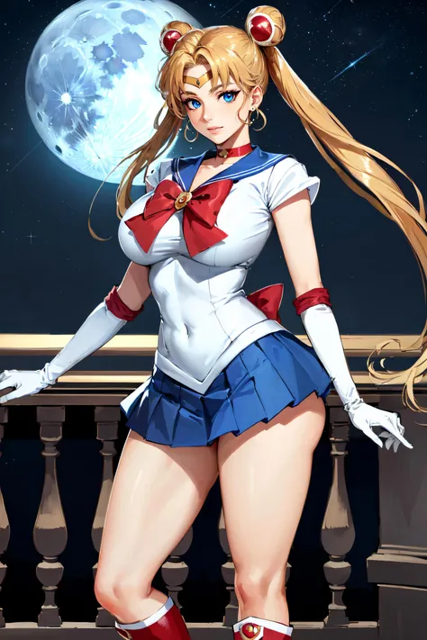 (masterpiece, best quality, ultra detailed, absurdres)1.5, 1girl, (sexy, beautiful woman, perfect face, perfect eyes, perfect female body, huge breasts)1.5, (aausagi, double bun, twintails, parted bangs, circlet, jewelry, earrings, choker, red bow, white gloves, elbow gloves, blue skirt, red boots with white trim, <lora:sailor_moon_v1:0.7>), (standing on a balcony, night sky, moonlit), perfect lighting, smooth, hdr