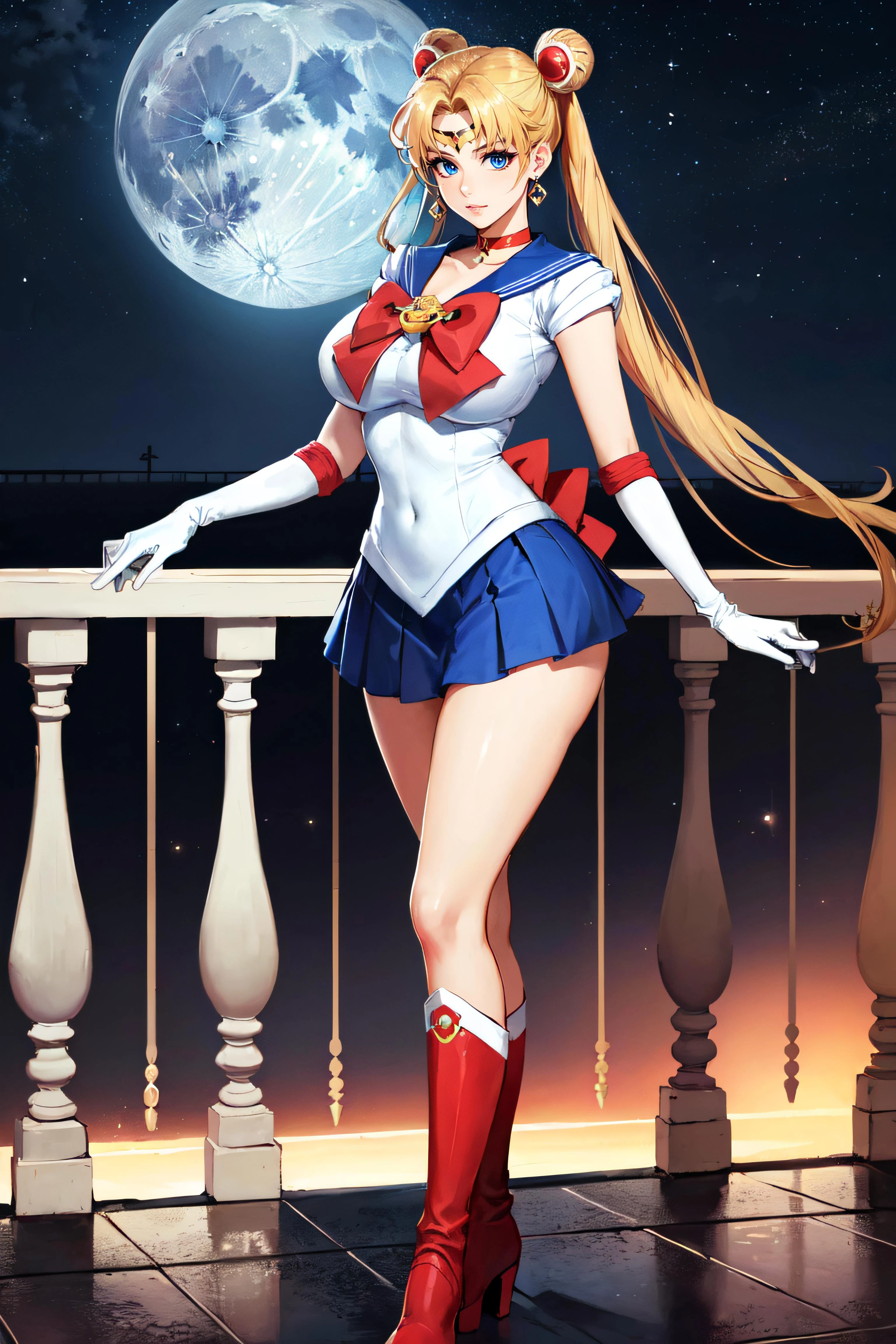 (masterpiece, best quality, ultra detailed, absurdres)1.5, 1girl, (sexy, beautiful woman, perfect face, perfect eyes, perfect female body, huge breasts)1.5, (aausagi, double bun, twintails, parted bangs, circlet, jewelry, earrings, choker, red bow, white gloves, elbow gloves, blue skirt, red boots with white trim, <lora:sailor_moon_v1:0.7>), (standing on a balcony, night sky, moonlit), perfect lighting, smooth, hdr