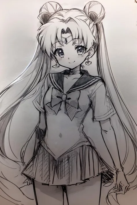 <lora:Pencil_Sketch_Dim64_SD-05:1>,(Pencil_Sketch:1.2, messy lines, greyscale, traditional media, sketch), unfinished, hatching (texture) , 1girl, aausagi, double bun, twintails, parted bangs, circlet, jewelry, earrings, choker, bow, white gloves, elbow gloves, skirt, <lora:sailor_moon_v1:0.7>, standing, cowboy shot, night, outdoors, moon, smile
