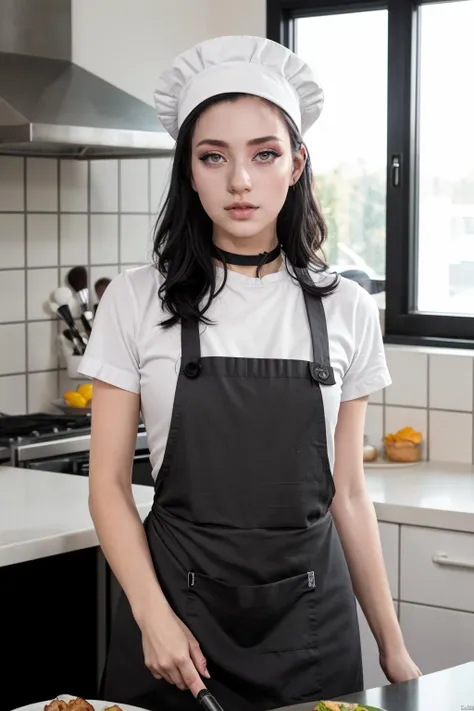 RAW Photo, DSLR, professional color graded, BREAK portrait photograph of 1girl Ar1aAl3xander, (makeup, eyeliner:1.2), choker, wearing a chef cap, (an apron, wearing shirt:1.2), in restaurant kitchen, cooking food, fire, frying pan, sharp focus, HDR, 8K resolution, intricate detail, sophisticated detail, depth of field, analogue RAW DSLR, photorealistic, looking at viewer, <lora:Ar1aAl3xander:0.75> <lora:GoodHands-vanilla:1>