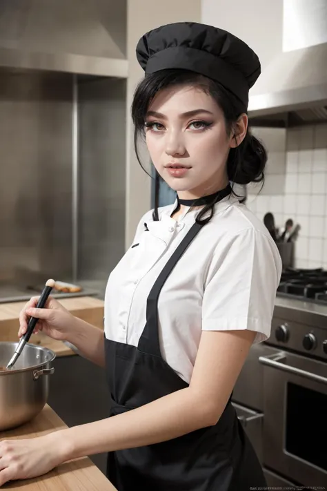 RAW Photo, DSLR, professional color graded, BREAK portrait photograph of 1girl Ar1aAl3xander, (makeup, eyeliner:1.2), choker, wearing a chef cap, (an apron, wearing shirt:1.2), in restaurant kitchen, cooking food, fire, frying pan, sharp focus, HDR, 8K resolution, intricate detail, sophisticated detail, depth of field, analogue RAW DSLR, photorealistic, looking at viewer, <lora:Ar1aAl3xander:0.75> <lora:GoodHands-vanilla:1>