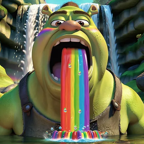 ukj style cartoon shrek, powerful forceful waterfall of rainbow goo, large open mouth, 8k, best quality <lora:rainow_sdxl_ukjstyle_v111602-000003:1>