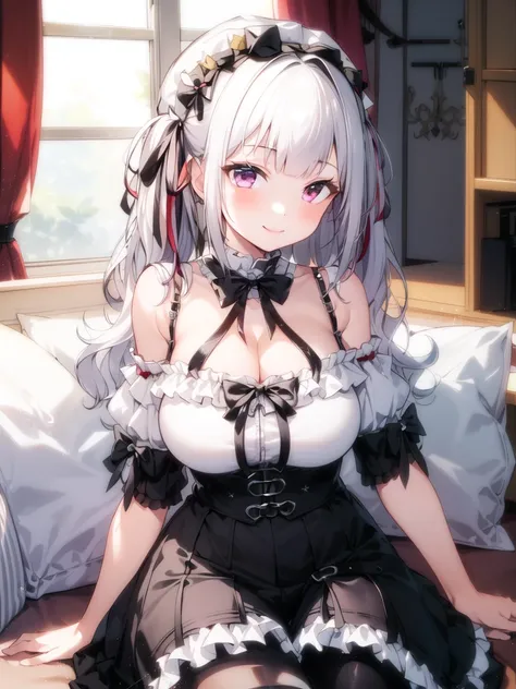 1girl, masterpiece, best quality, evil smile, highres, purple eyes, (huge breasts:1.3), (long hair:1.3) , (cleavage:1.3),(gothic_ta:1.4),
