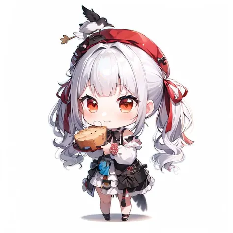 1girl, masterpiece, best quality, evil smile, twintails, highres, (chibi:1.3), [(white background:1.5)::5], (bottle bottom:0.9) , mid shot, full body,on grass,  flowers, feeding birds,,bird on head