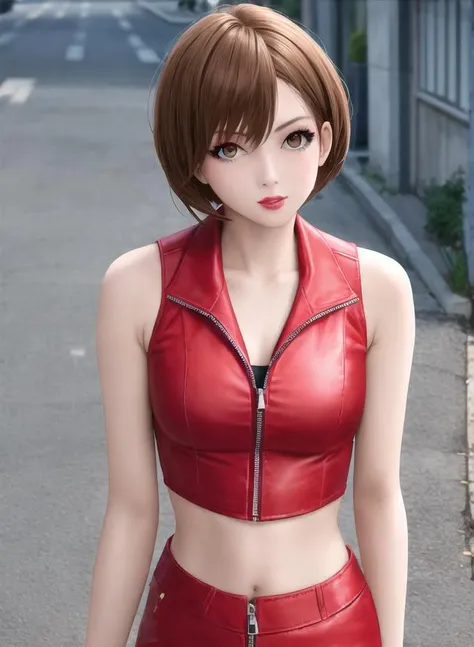 1girl, bare_shoulders, blurry, brown_hair, brown_eyes.  crop_top, red_dress, lips,  looking_at_viewer, makeup, meiko, midriff, red_nails, short_hair, sleeveless, solo,  upper_body, zipper , (street background:1.6) <lora:meiko-lora:0.4>