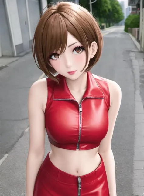 1girl, bare_shoulders, blurry, brown_hair, brown_eyes.  crop_top, red_dress, lips,  looking_at_viewer, makeup, meiko, midriff, red_nails, short_hair, sleeveless, solo,  upper_body, zipper , (street background:1.6) <lora:meiko-lora:0.4>