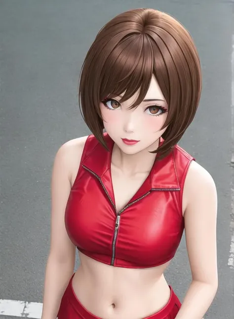 1girl, bare_shoulders, blurry, brown_hair, brown_eyes.  crop_top, red_dress, lips,  looking_at_viewer, makeup, meiko, midriff, red_nails, short_hair, sleeveless, solo,  upper_body, zipper , (street background:1.6) <lora:meiko-lora:0.4>