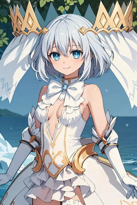 masterpiece, best quality, 1girl, <lora:tobiichi_origami_angel-000002:0.8>, tobiichi origami angel, blue eyes, solo, standing, crown, white hair, short hair, bangs, hair between eyes, looking at viewer, smile, bare shoulders, cleavage, small breasts, detached sleeves, elbow gloves, white bow, white bowtie, (white dress:1.2), white gloves, cowboy shot, white thighhighs, center opening,