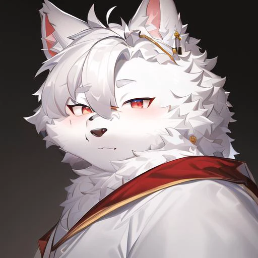 (masterpiece:1,2), best quality, masterpiece, highres, original, extremely detailed wallpaper, perfect lighting,(extremely detailed CG:1.2), drawing, heixuan furry, looking at viewer,1male,white fur,(hair over left eye:1.25),