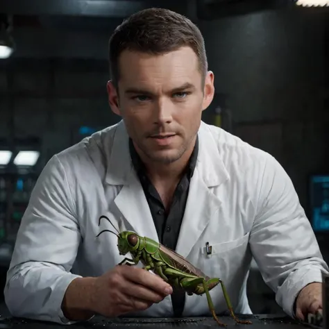 ziprealism, brian j smith as a mad scientist holding a (big grasshopper) in his secret lab, dof<lora:b1:0.8>, solo, muscular facial feature