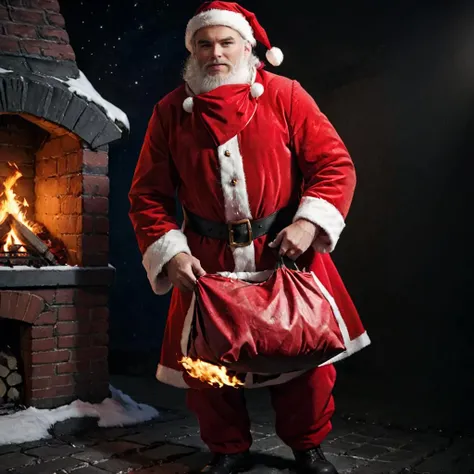 ziprealism, as santa claus descending from the chimney with carrying huge red bag <lora:b1:0.8>