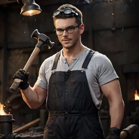 ziprealism, as a blacksmith holding hammer with goggles on his head, overalls, clutter background, ziprealism, cinematric lighting, dynamic pose <lora:b1:0.8>