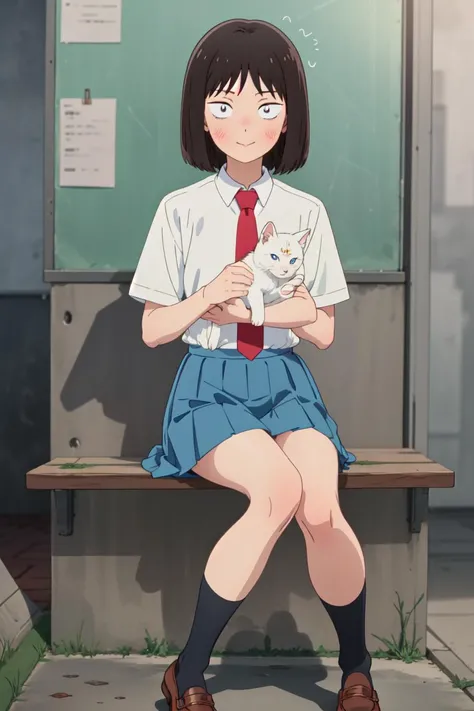 masterpiece, best quality, high quality, highres, absurdres, ultra-detailed, best anatomy, detailed eyes, perfect eyes, iwakura_mitsumi, short hair, bob cut, black eyes, small pupils, black hair, solo, 1girl, smile, skirt, shirt, school uniform, white shirt, pleated skirt, necktie, shoes, socks, blue skirt, brown footwear, red necktie, black socks, loafer, Sitting, pretending to hold a small kitten, <lora:mitsumi_iwakuraV1:0.9>