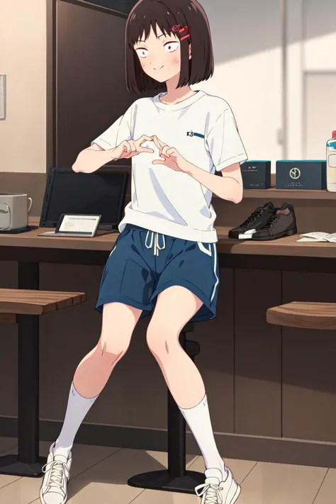 masterpiece, best quality, high quality, highres, absurdres, ultra-detailed, best anatomy, detailed eyes, perfect eyes, iwakura_mitsumi, short hair, bob cut, black eyes, small pupils, black hair, solo, 1girl, smile, black gym shorts, short sleeves, white t-shirt, sneakers, socks, hairclip, hair ornament, Pretending to play an air violin, <lora:mitsumi_iwakuraV1:0.9>