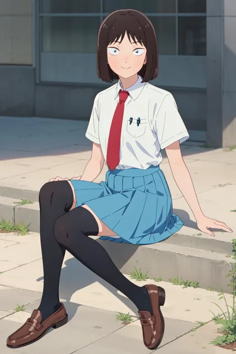 masterpiece, best quality, high quality, highres, absurdres, ultra-detailed, best anatomy, detailed eyes, perfect eyes, iwakura_mitsumi, short hair, bob cut, black eyes, small pupils, black hair, solo, 1girl, smile, skirt, shirt, school uniform, white shirt, pleated skirt, necktie, shoes, socks, blue skirt, brown footwear, red necktie, black socks, loafer, Lying on the side, one hand propping up head, <lora:mitsumi_iwakuraV1:0.9>