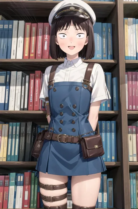 (masterpiece, best quality, detailed), 1girl, solo, iwakura_mitsumi, short hair, bob cut, black eyes, small pupils, black hair,, looking at viewer,
bag, belt pouch, cabbie hat, corset, gloves, pouch, shoulder bag, thigh holster, thigh strap, boots, suspenders, wristband, steampunk, indoors, library, bookshelf, book, book stack, arms behind back, open mouth, smile