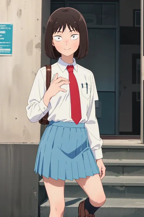 masterpiece, best quality, high quality, highres, absurdres, ultra-detailed, best anatomy, detailed eyes, perfect eyes, iwakura_mitsumi, short hair, bob cut, black eyes, small pupils, black hair, solo, 1girl, smile, skirt, shirt, school uniform, white shirt, pleated skirt, necktie, shoes, socks, blue skirt, brown footwear, red necktie, black socks, loafer, Leaning with one elbow on an invisible ledge, <lora:mitsumi_iwakuraV1:0.9>