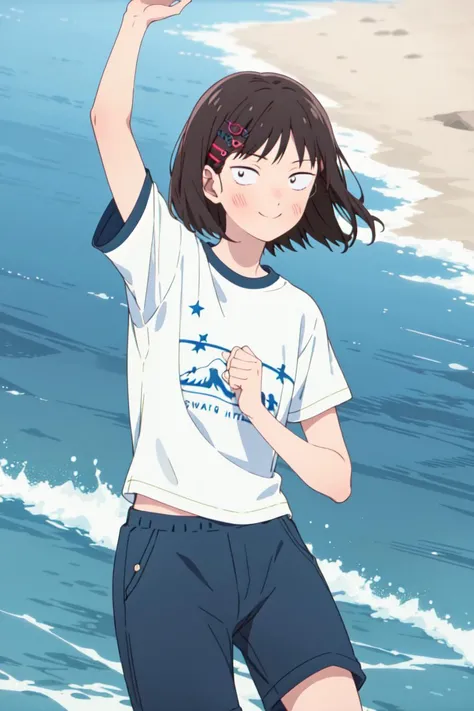 masterpiece, best quality, high quality, highres, absurdres, ultra-detailed, best anatomy, detailed eyes, perfect eyes, upper body, iwakura_mitsumi, short hair, bob cut, black eyes, small pupils, black hair, solo, 1girl, smile, black gym shorts, short sleeves, simple white t-shirt, sneakers, socks, hairclip, hair ornament, Pretending to be in a surfing pose, <lora:mitsumi_iwakuraV1:0.9>