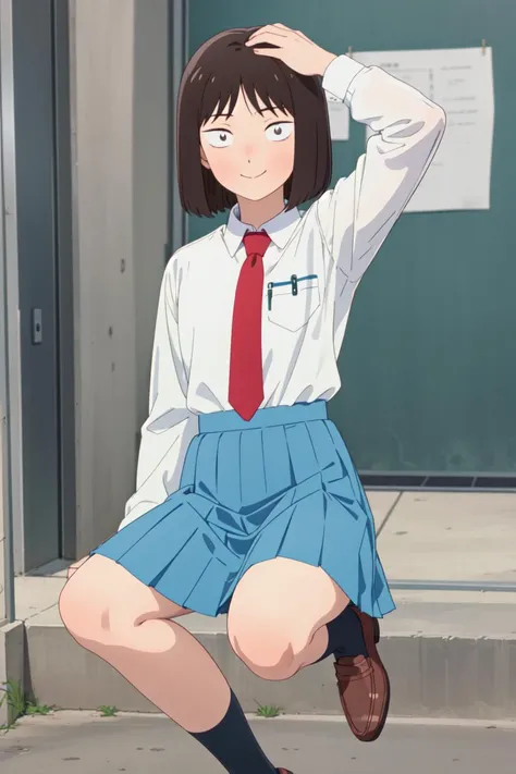 masterpiece, best quality, high quality, highres, absurdres, ultra-detailed, best anatomy, detailed eyes, perfect eyes, iwakura_mitsumi, short hair, bob cut, black eyes, small pupils, black hair, solo, 1girl, smile, skirt, shirt, school uniform, white shirt, pleated skirt, necktie, shoes, socks, blue skirt, brown footwear, red necktie, black socks, loafer, Leaning back, hands behind the head, <lora:mitsumi_iwakuraV1:0.9>