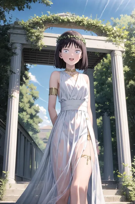 (masterpiece, best quality, detailed), 1girl, solo, iwakura_mitsumi, short hair, bob cut, black eyes, small pupils, black hair,, looking at viewer,
<lora:GreekClothes:1>, greek clothes, peplos, laurel crown, armlet, see-through, arch, pillar, column, architecture, overgrown, vines, blue sky, wedding, arms behind back, open mouth, smile