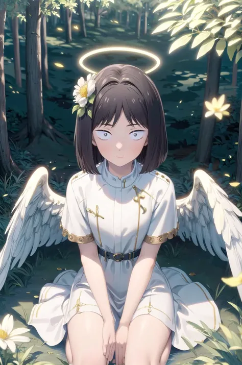 (masterpiece, best quality, detailed), 1girl, solo, iwakura_mitsumi, short hair, bob cut, black eyes, small pupils, black hair,, looking at viewer,
<lora:BlessedTech:1>, blessedtech, blessed, aura, medieval, angel, feathered wings, halo, white dress, outdoors, forest, nature, grass, tree, flower, leaf, night, dark, wariza, hand between legs, from above, closed mouth