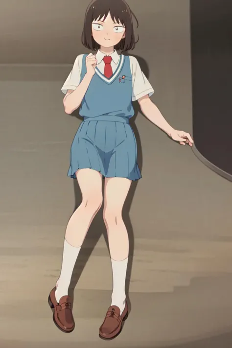 masterpiece, best quality, high quality, highres, absurdres, ultra-detailed, best anatomy, detailed eyes, perfect eyes, iwakura_mitsumi, short hair, bob cut, black eyes, small pupils, black hair, solo, 1girl, smile, skirt, shirt, school uniform, short sleeves, sweater vest, white shirt, pleated skirt, necktie, shoes, socks, blue skirt, brown footwear, red necktie, black socks, loafer, Lying on the back, legs kicked up, <lora:mitsumi_iwakuraV1:0.9>