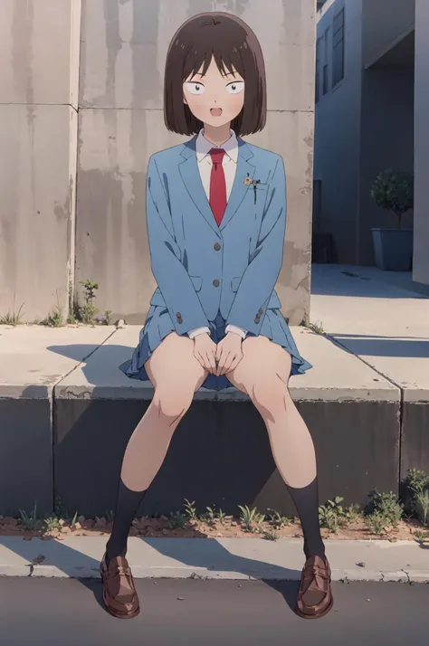 masterpiece, best quality, high quality, highres, absurdres, ultra-detailed, best anatomy, detailed eyes, perfect eyes, iwakura_mitsumi, short hair, bob cut, black eyes, small pupils, black hair, solo, 1girl, smile, shoes, socks, brown footwear, red necktie, black socks, loafer, lies on bed, shy, spread legs, open mouth, tongue 