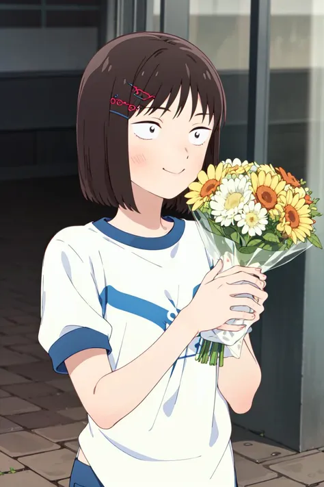 masterpiece, best quality, high quality, highres, absurdres, ultra-detailed, best anatomy, detailed eyes, perfect eyes, upper body, iwakura_mitsumi, short hair, bob cut, black eyes, small pupils, black hair, solo, 1girl, smile, black gym shorts, short sleeves,  simple white t-shirt, sneakers, socks, hairclip, hair ornament,  Posing as if holding a large bouquet, <lora:mitsumi_iwakuraV1:0.9>