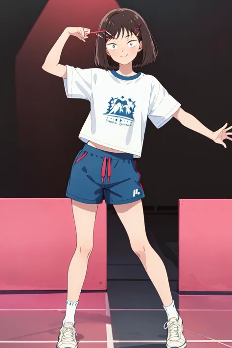 masterpiece, best quality, high quality, highres, absurdres, ultra-detailed, best anatomy, detailed eyes, perfect eyes, iwakura_mitsumi, short hair, bob cut, black eyes, small pupils, black hair, solo, 1girl, smile, black gym shorts, short sleeves, white t-shirt, sneakers, socks, hairclip, hair ornament, Dancing in a hip hop style, <lora:mitsumi_iwakuraV1:0.9>