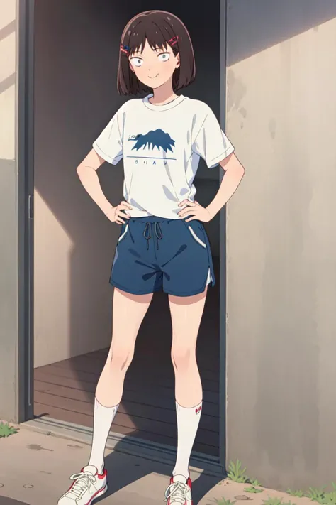 masterpiece, best quality, high quality, highres, absurdres, ultra-detailed, best anatomy, detailed eyes, perfect eyes, iwakura_mitsumi, short hair, bob cut, black eyes, small pupils, black hair, solo, 1girl, smile, black gym shorts, short sleeves, white t-shirt, sneakers, socks, hairclip, hair ornament, Standing with hands on the hips, one foot forward, <lora:mitsumi_iwakuraV1:0.9>