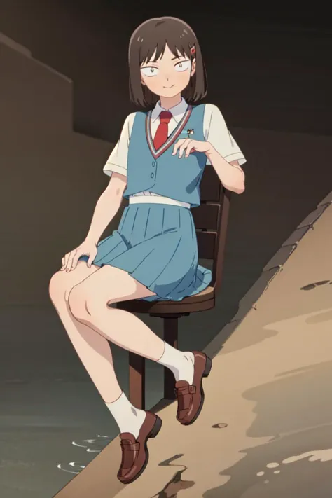 masterpiece, best quality, high quality, highres, absurdres, ultra-detailed, best anatomy, detailed eyes, perfect eyes, iwakura_mitsumi, short hair, bob cut, black eyes, small pupils, black hair, solo, 1girl, smile, skirt, shirt, school uniform, short sleeves, vest, hairpin, hair ornament, white shirt, pleated skirt, necktie, shoes, socks, blue skirt, brown footwear, red necktie, black socks, loafer, Lying on the back, pretending to be a starfish, <lora:mitsumi_iwakuraV1:0.9>