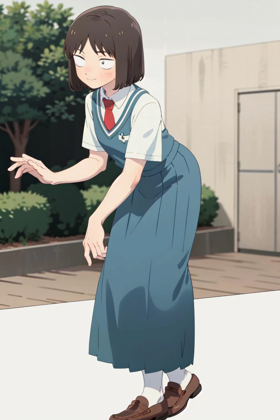 masterpiece, best quality, high quality, highres, absurdres, ultra-detailed, best anatomy, detailed eyes, perfect eyes, iwakura_mitsumi, short hair, bob cut, black eyes, small pupils, black hair, solo, 1girl, smile, skirt, shirt, school uniform, short sleeves, sweater vest, white shirt, pleated skirt, necktie, shoes, socks, blue skirt, brown footwear, red necktie, black socks, loafer, Leaning forward with hands on thighs, <lora:mitsumi_iwakuraV1:0.9>