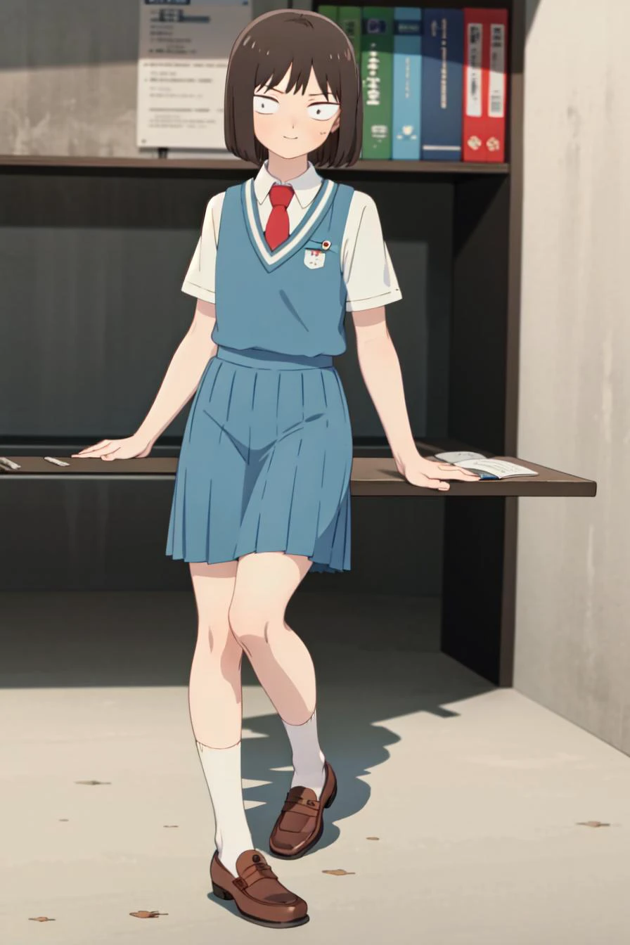 masterpiece, best quality, high quality, highres, absurdres, ultra-detailed, best anatomy, detailed eyes, perfect eyes, iwakura_mitsumi, short hair, bob cut, black eyes, small pupils, black hair, solo, 1girl, smile, skirt, shirt, school uniform, short sleeves, sweater vest, white shirt, pleated skirt, necktie, shoes, socks, blue skirt, brown footwear, red necktie, black socks, loafer, Pretending to skip rope, <lora:mitsumi_iwakuraV1:0.9>
