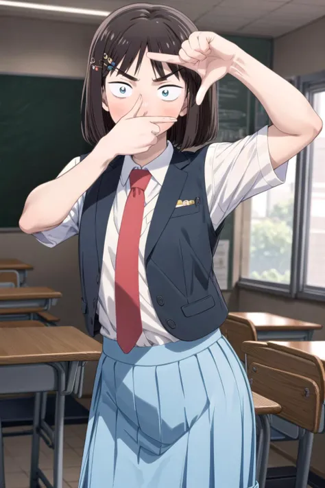 (masterpiece, best quality, detailed), 1girl, solo, iwakura_mitsumi, short hair, bob cut, black eyes, small pupils, black hair, looking at viewer,
skirt, shirt, school uniform, short sleeves, vest, hairpin, hair ornament, white shirt, pleated skirt, necktie, blue skirt, red necktie,
indoors, classroom, school desk, window, school chair, curtains, smug, <lora:finger_frame_final:1>, finger frame, dutch angle, v-shaped eyebrows, cowboy shot
