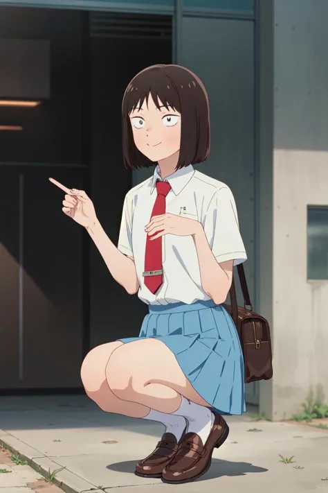 masterpiece, best quality, high quality, highres, absurdres, ultra-detailed, best anatomy, detailed eyes, perfect eyes, iwakura_mitsumi, short hair, bob cut, black eyes, small pupils, black hair, solo, 1girl, smile, skirt, shirt, school uniform, white shirt, pleated skirt, necktie, shoes, socks, blue skirt, brown footwear, red necktie, black socks, loafer, Jumping with one knee bent, <lora:mitsumi_iwakuraV1:0.9>