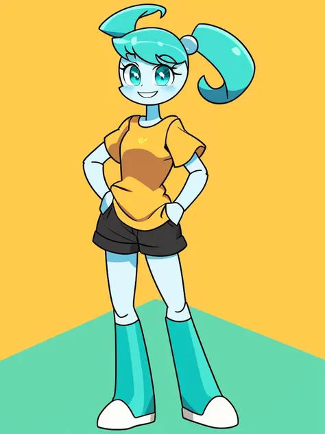 jenny_wakeman, solo, looking_at_viewer, smile, blue_eyes, shirt, shorts, v, 1girl, yellow_background, hand_in_pocket, hand_on_hip, aqua_footwear, full_body, male_focus, orange_background, simple_background, standing, 2d, cartoon <hypernet:ArtRaccooneeXJ9:0.8>