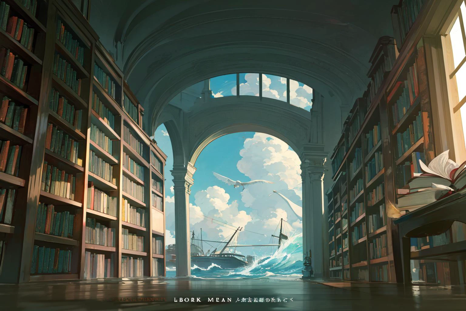 one female reader, indoor, (books:1.4), (library:1.4), adrifting, lost at sea painting, waves, wind, clouds, boat