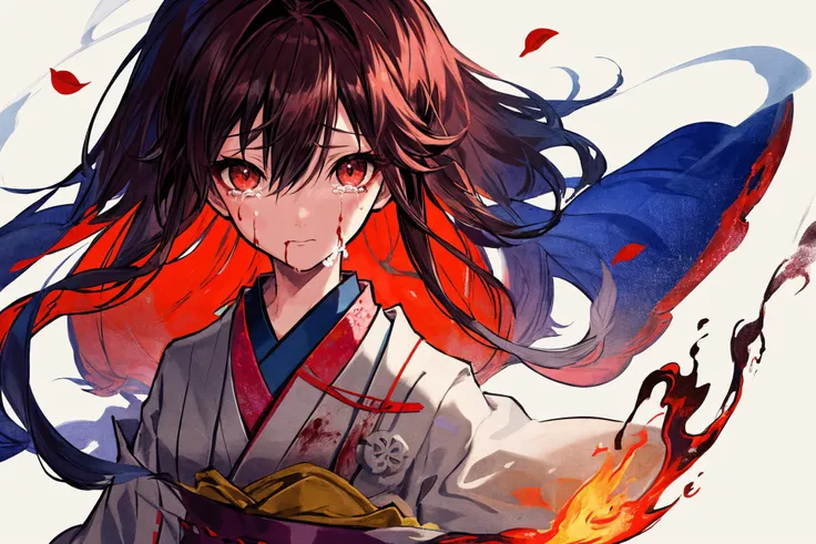 /
[(white background:1.4)::5], (imid shot:0.95), Dynamic angle,masterpiece, hyper detailed, best quality, extreme detailed, illustration, Delicate Composition, head portrait,petals,
(official art:1.2),
//
extremely delicate and beautiful,
2d,
depth of field,
solo, a beautiful detailed girl, solo,
//
1girl, Japanese (miko:1.25), red hair, traditional kimono, serene expression, petite figure, adorable charm, red_eyes, sash, solo, upper_body, very_long_hair, white_kimono, wide_sleeves, wind,
fussion of abstract and fluid art,(long hair:1.25),hopeless background
simple//
background, light background,1girl, bangs, black_hair, blurry, brown_hair, closed_mouth, fire, flower, hair_between_eyes, japanese_clothes, kimono, long_hair, looking_at_viewer, solo, white_kimono
Blood Mist,blood sakura,Blood Rain,beautiful deatailed shadow,Splashing blood,dust,many feathers,light shafts, good lighting, (terrible despair:1.3),(cry:1.3)
//////
////// <lora:Huya:0.7>, <lora:ç»ä¸½çåå½±:0.2>,<lora:add_detail:0.35>, <lora:adaptedmodel:0.35>