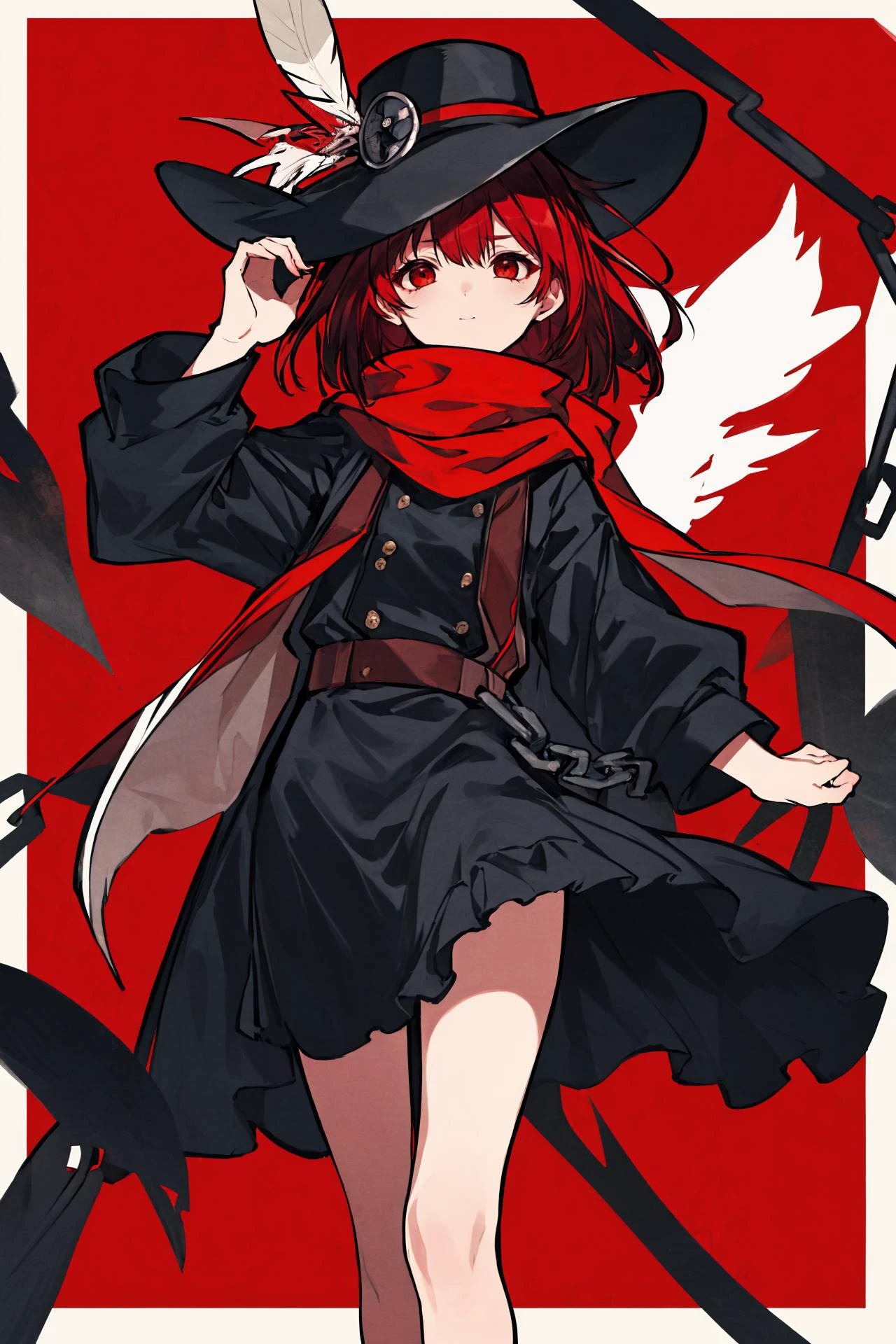 ((best quality)), (((masterpiece))), (highres), original, extremely detailed 8K wallpaper, scarlet background,red hair, cowboy hat with feather, steampunk, dress,red eyes,1girl,killer,demon from hell,divine enemy,lazy eyes,Trapped by chains, about to break free,Prometheus Stealing Firem,Crimson Nightmare , hat with feather
scarf
<lora:JX-000001:0.5>,
/////////// <lora:Huya:0.7>, <lora:ç»ä¸½çå
å½±:0.2>,<lora:add_detail:0.35>, <lora:adaptedmodel:0.35>