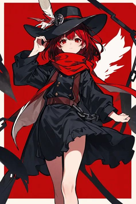 ((best quality)), (((masterpiece))), (highres), original, extremely detailed 8K wallpaper, scarlet background,red hair, cowboy hat with feather, steampunk, dress,red eyes,1girl,killer,demon from hell,divine enemy,lazy eyes,Trapped by chains, about to break free,Prometheus Stealing Firem,Crimson Nightmare , hat with feather
scarf
<lora:JX-000001:0.5>,
/////////// <lora:Huya:0.7>, <lora:ç»ä¸½çåå½±:0.2>,<lora:add_detail:0.35>, <lora:adaptedmodel:0.35>