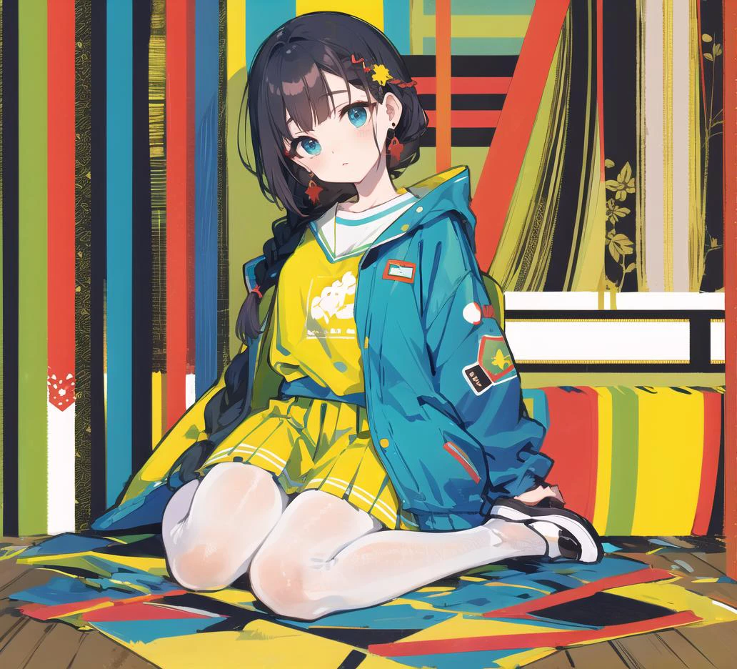 (masterpiece),(high quality),full body,solo,(from above:0.9),
(plump milf:1.1),(wariza:1.2),head tilt,[earrings],[arm support],
shirt with pattern,shirt tucked in,short pleated skirt,white pantyhose,(single side braid:1.2),( thick braid),mary janes,(thick thighs:0.75),
patterned background,<lora:GoodHands-beta2:1>,