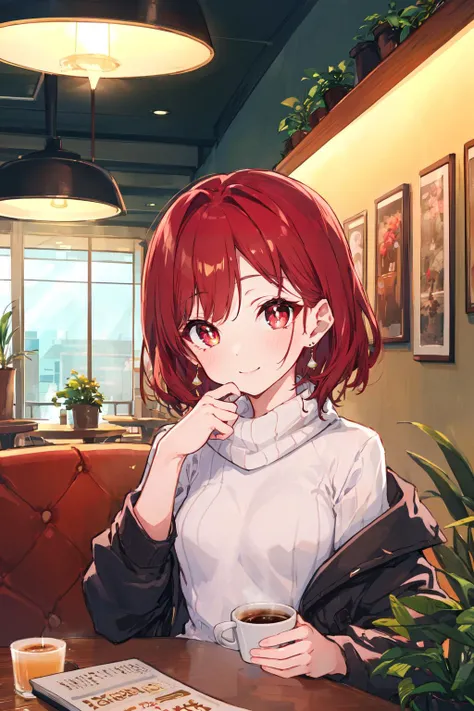 absurdres,highres,upper body,wide shot,cozy anime theme,
1 girl,solo,small breasts,mature,beautiful red eyes,ruby textured pupils,(smiley and round eyes),madder red hair,(short hair),(wavy hair ends),
exuding a sense of confidence and fashion-forwardness,confused,light_blush,shy,thinking,seated comfortably in a seat,trendy and stylish outfit,fashionable jacket,comfortable turtleneck sweater,crystal_earrings,scarf,
cozy atmosphere of a bustling coffee shop,coffe cup,potted plant,window,table,book,sunlight,Tyndall effect,cookie,