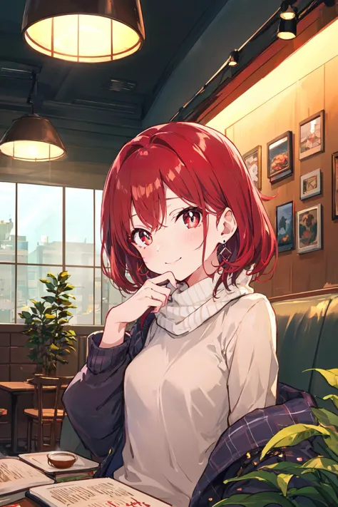 absurdres,highres,upper body,wide shot,cozy anime theme,
1 girl,solo,small breasts,mature,beautiful red eyes,ruby textured pupils,(smiley and round eyes),madder red hair,(short hair),(wavy hair ends),
exuding a sense of confidence and fashion-forwardness,confused,light_blush,shy,thinking,seated comfortably in a seat,trendy and stylish outfit,fashionable jacket,comfortable turtleneck sweater,crystal_earrings,scarf,
cozy atmosphere of a bustling coffee shop,coffe cup,potted plant,window,table,book,sunlight,Tyndall effect,cookie,