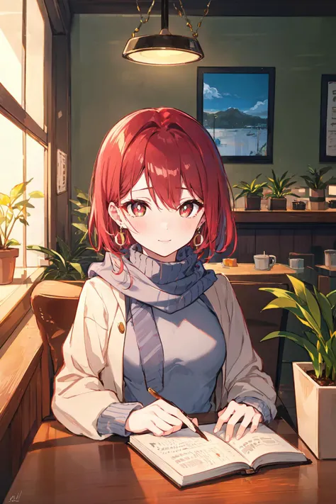 absurdres,highres,upper body,wide shot,cozy anime theme,
1 girl,solo,small breasts,mature,beautiful red eyes,ruby textured pupils,(smiley and round eyes),madder red hair,(short hair),(wavy hair ends),
exuding a sense of confidence and fashion-forwardness,confused,light_blush,shy,thinking,seated comfortably in a seat,trendy and stylish outfit,fashionable jacket,comfortable turtleneck sweater,crystal_earrings,scarf,
cozy atmosphere of a bustling coffee shop,coffe cup,potted plant,window,table,book,sunlight,Tyndall effect,cookie,