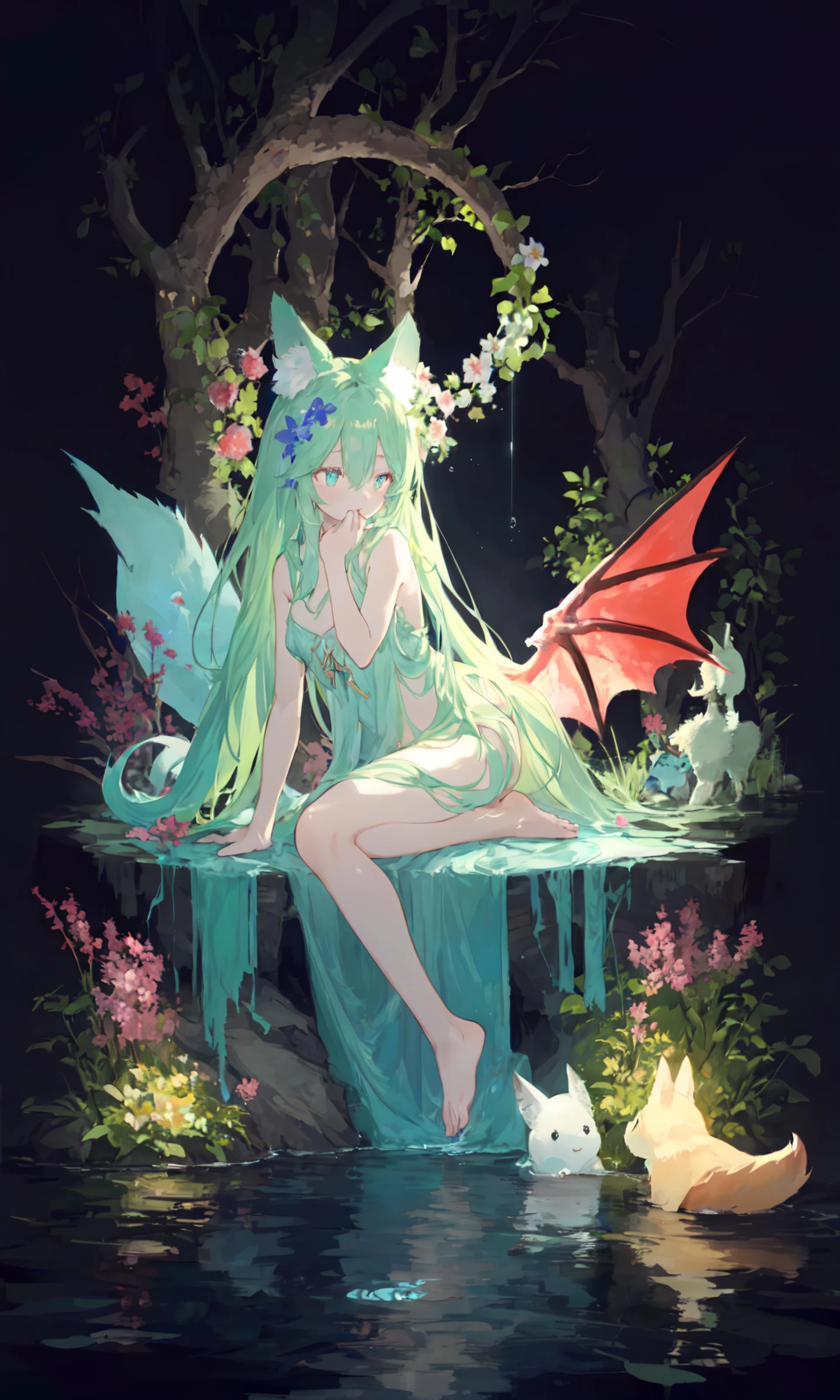 1girl, solo, dragon wings, dragon tail, tail, long hair, side up, one side up, black background, enchanted forest, nature, trees, dryad, fox ears, animal ear fluff, flowers, active pose, full body, flower hair, bright color hair, glowing hair, divine, goddess, barefoot, doll face, upturned eyes, long eyelashes, animals, birds, sitting, looking away, glowing water, middle of a lake, flower bed, wisps, night, ite