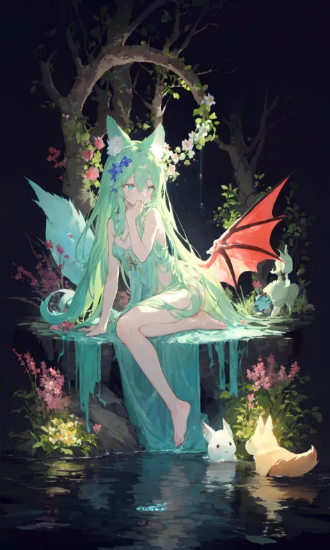 1girl, solo, dragon wings, dragon tail, tail, long hair, side up, one side up, black background, enchanted forest, nature, trees, dryad, fox ears, animal ear fluff, flowers, active pose, full body, flower hair, bright color hair, glowing hair, divine, goddess, barefoot, doll face, upturned eyes, long eyelashes, animals, birds, sitting, looking away, glowing water, middle of a lake, flower bed, wisps, night, ite