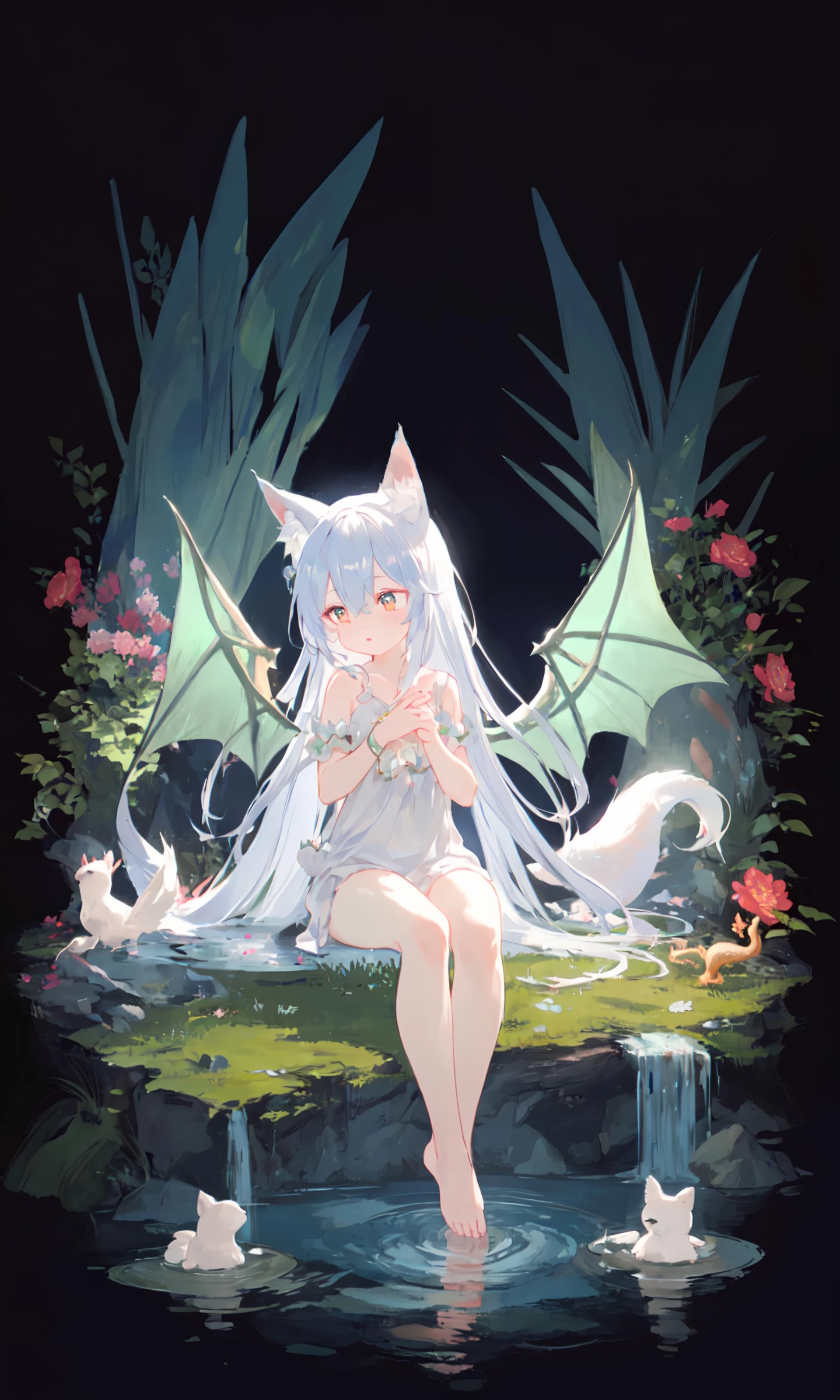 1girl, solo, dragon wings, dragon tail, tail, long hair, side up, one side up, black background, enchanted forest, nature, trees, dryad, fox ears, animal ear fluff, flowers, active pose, full body, flower hair, bright color hair, glowing hair, divine, goddess, barefoot, doll face, upturned eyes, long eyelashes, animals, birds, sitting, looking away, glowing water, middle of a lake, flower bed, wisps, night, ite