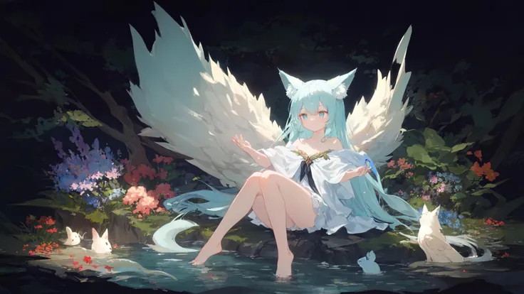 1girl, solo, dragon wings, dragon tail, tail, long hair, side up, one side up, black background, enchanted forest, nature, trees, dryad, fox ears, animal ear fluff, flowers, active pose, full body, flower hair, bright color hair, glowing hair, divine, goddess, barefoot, doll face, upturned eyes, long eyelashes, animals, birds, sitting, looking away, glowing water, middle of a lake, flower bed, wisps, night, ite