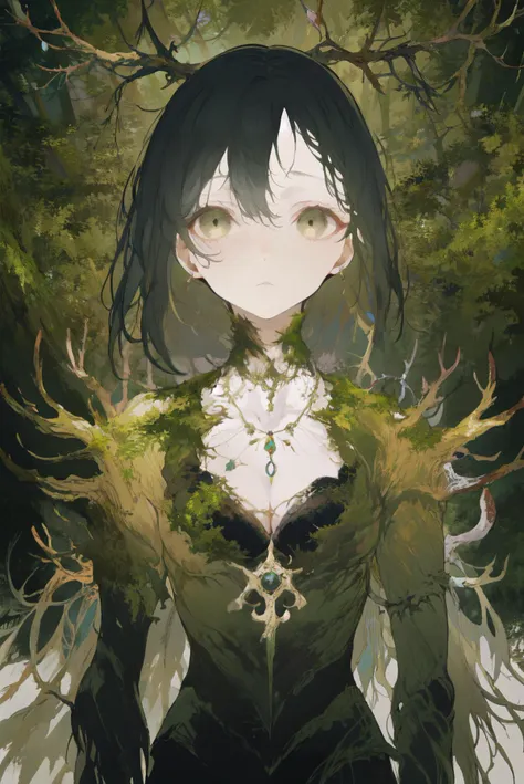 (1girl upper body thighs:1.1), (dark forest tree moss bark detailed background:1.3), (witch:0.9) (eerie mystic:1.1), bone accessories, (antlers:1), blasphemy runic, expressionless closed mouth, black hair, collar bone cleavage, necklace, <lora:Iridescence:0.7>, black messy hair, <lora:GoodHands-vanilla:1>, (flower dress:0.7), clean face, eyes