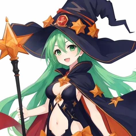 1girl, 
natsumi \(date a live\),  
solo, hair between eyes, black cape, navel, :d, green hair, holding, blush, underboob, holding staff, green eyes, skirt, black hat, looking at viewer, star \(symbol\), medium breasts, star print, transparent background, smile, bodystocking, witch, open mouth, cape, v-shaped eyebrows, bow, staff, breasts, crossover, long hair, witch hat, white bow
 <lora:mki-natsumi-1.5-v3:1>